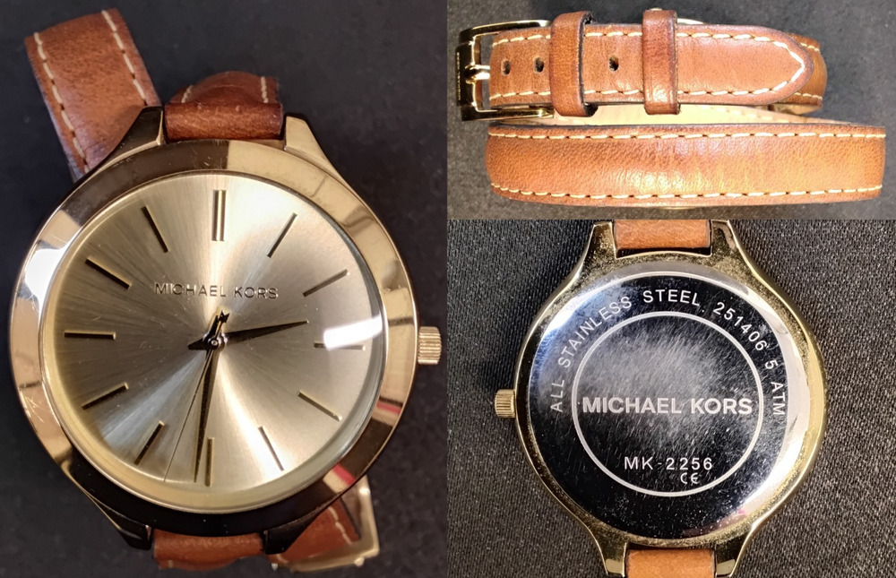 Michael Kors Ladies Gold Tone Watch w/ Brown Leather Wrap Band #Z5871